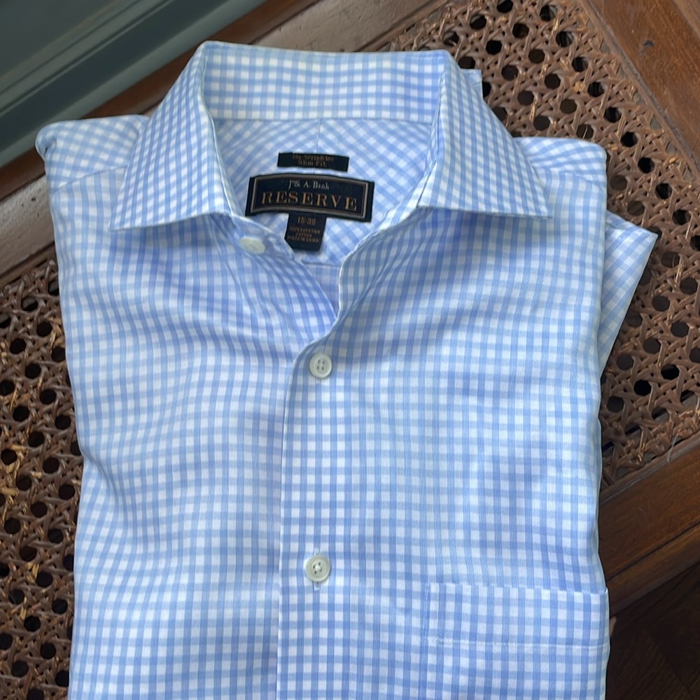 Jos A Bank Men’s Dress Shirt Light Blue and White Checkered Button Down